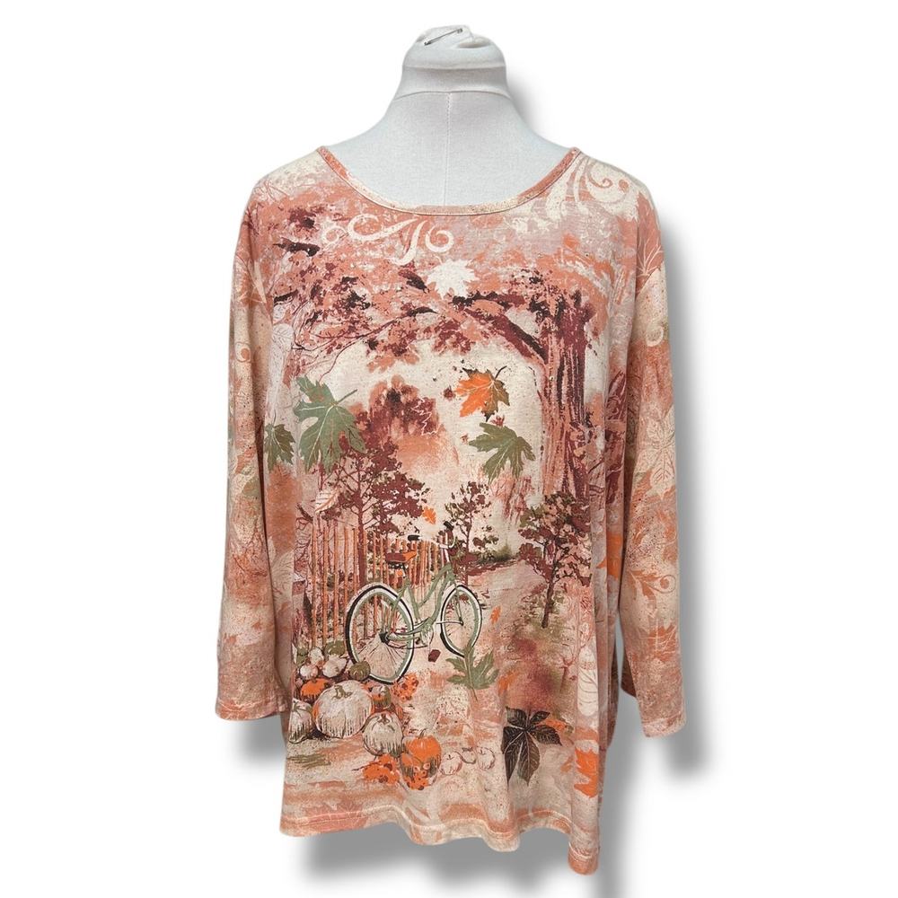 Jason Maxwell Women’s Plus 3/4 Sleeve All-Over Fall Theme Graphic Tee Orange 3X